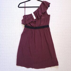 New Gianni Bini Opal One-shoulder ruffle silk dress in vineyard wine color